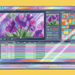 A laptop displays a colorful video editing interface with a flower video and various editing panels on the screen.