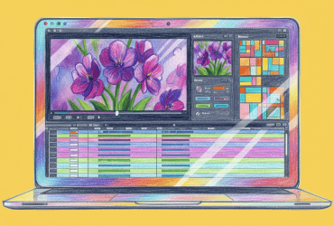 A laptop displays a colorful video editing interface with a flower video and various editing panels on the screen.