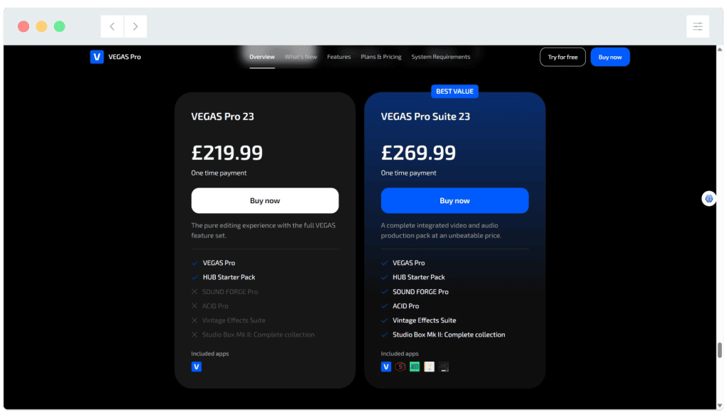 Comparison of VEGA Pro 23 (£219.99) and VEGA Pro Suite 23 (£269.99) plans with features and pricing on a dark background.