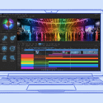 Illustration of a laptop displaying video editing software with a colorful timeline and preview on the screen.