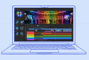 Illustration of a laptop displaying video editing software with a colorful timeline and preview on the screen.