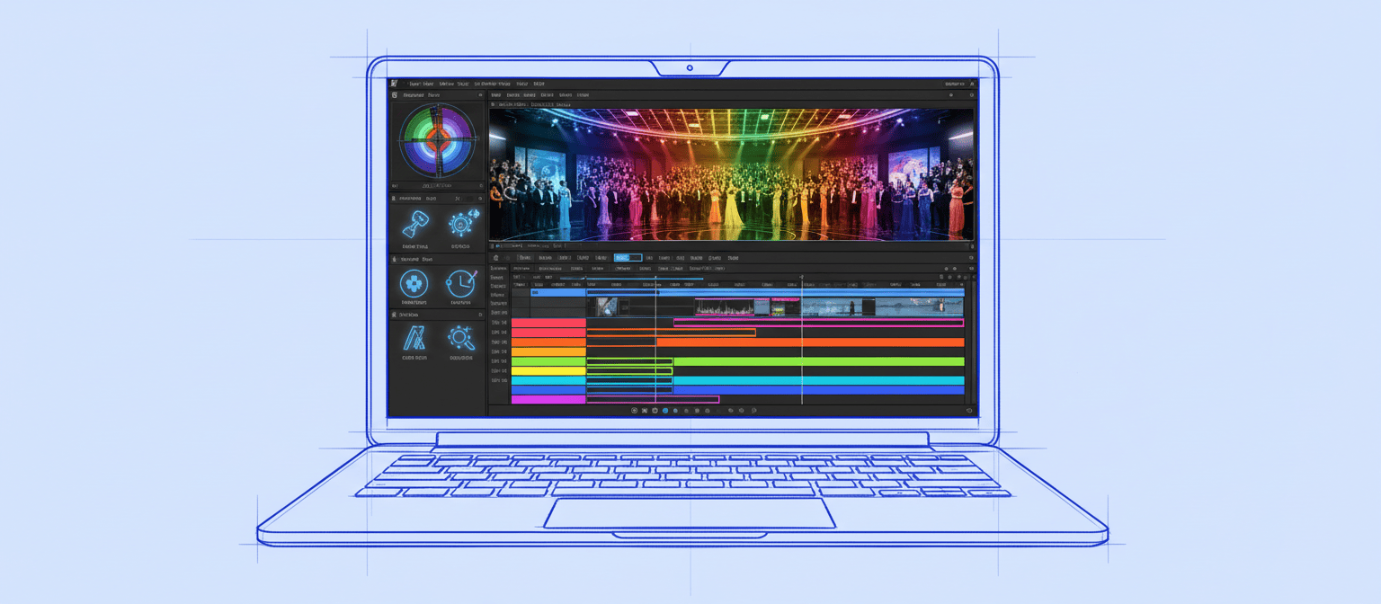 Illustration of a laptop displaying video editing software with a colorful timeline and preview on the screen.