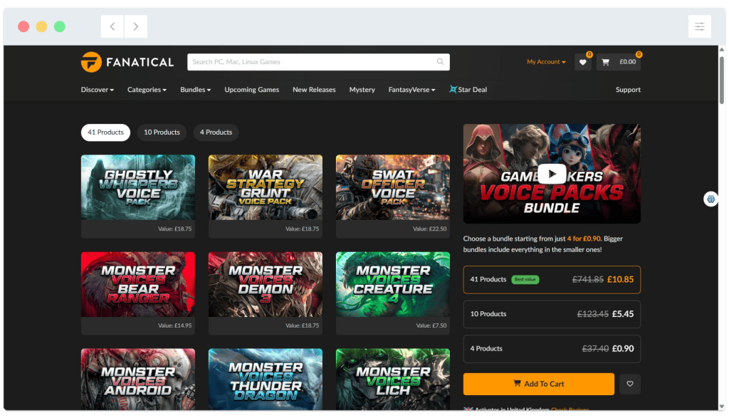 A website page displays various game voice pack bundles for sale, each shown with title, price, and add-to-cart options.