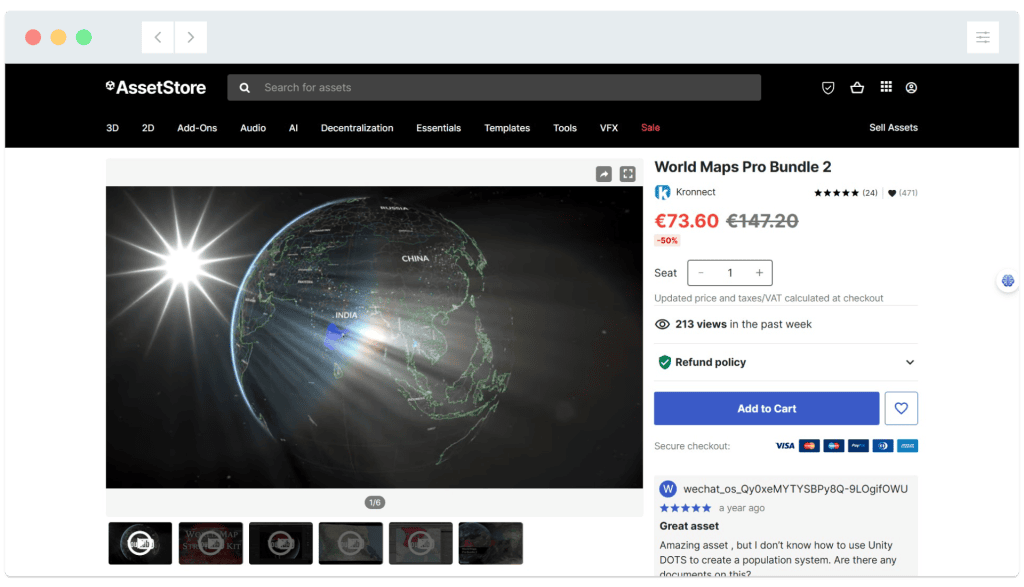 A digital 3D rendering of Earth with data lines, displayed on an online store page for a "World Maps Pro Bundle" asset.