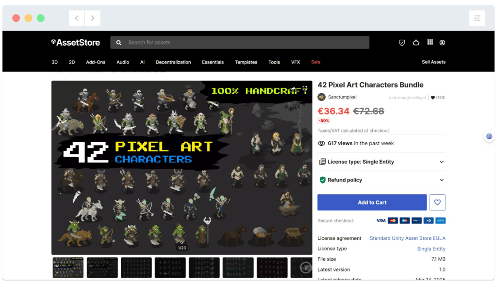A web page displaying a 42 Pixel Art Characters Bundle for sale on the AssetStore, with preview images of characters.