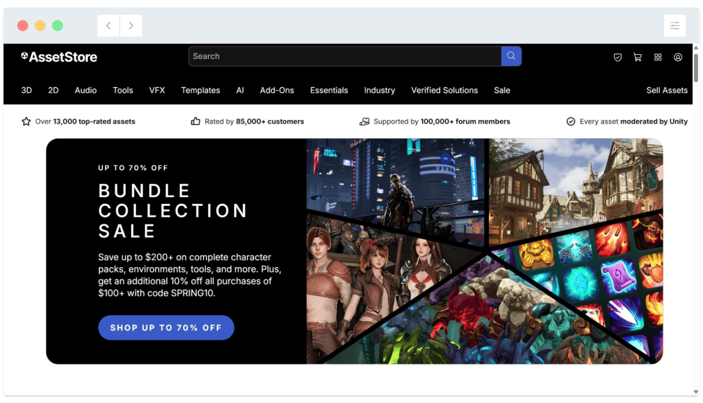 Asset Store website showing a banner for a bundle collection sale with various game art images and a "Shop Up to 70% Off" button.