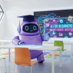 A purple robot in a graduation cap teaches "AI For Beginners" in a modern classroom with colorful chairs and digital screens.