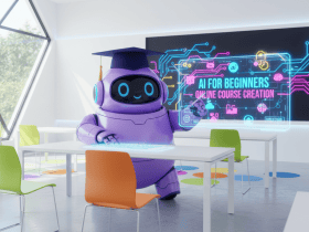 A purple robot in a graduation cap teaches "AI For Beginners" in a modern classroom with colorful chairs and digital screens.