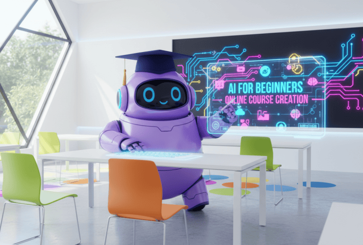 A purple robot in a graduation cap teaches "AI For Beginners" in a modern classroom with colorful chairs and digital screens.