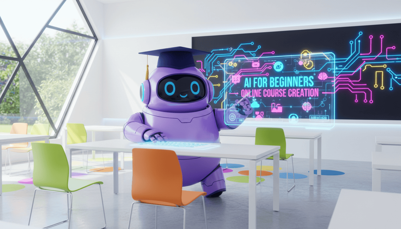 A purple robot in a graduation cap teaches "AI For Beginners" in a modern classroom with colorful chairs and digital screens.