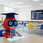 A robot wearing a graduation cap uses a holographic computer in a modern classroom with charts displayed on a screen.