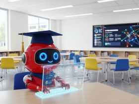 A robot wearing a graduation cap uses a holographic computer in a modern classroom with charts displayed on a screen.