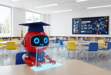 A robot wearing a graduation cap uses a holographic computer in a modern classroom with charts displayed on a screen.