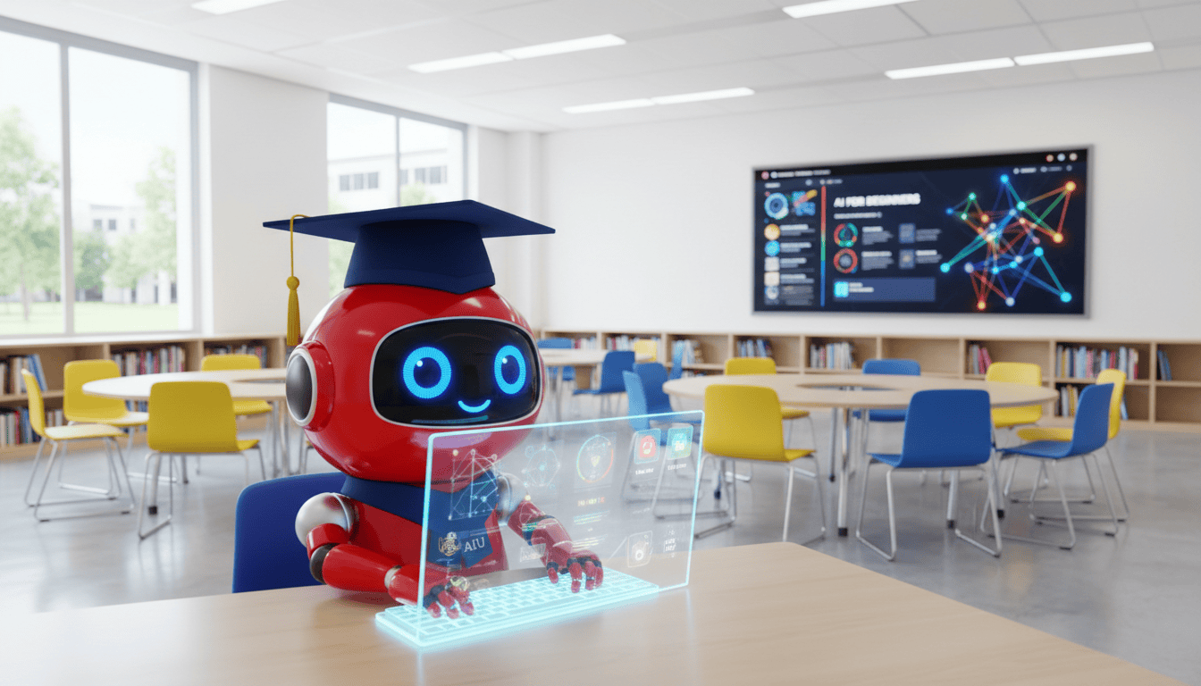 A robot wearing a graduation cap uses a holographic computer in a modern classroom with charts displayed on a screen.