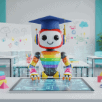 A robot wearing a graduation cap interacts with a touchscreen in a colorful classroom setting.