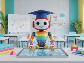 A robot wearing a graduation cap interacts with a touchscreen in a colorful classroom setting.