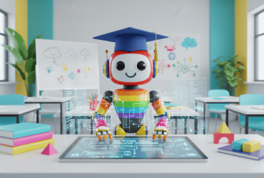 A robot wearing a graduation cap interacts with a touchscreen in a colorful classroom setting.
