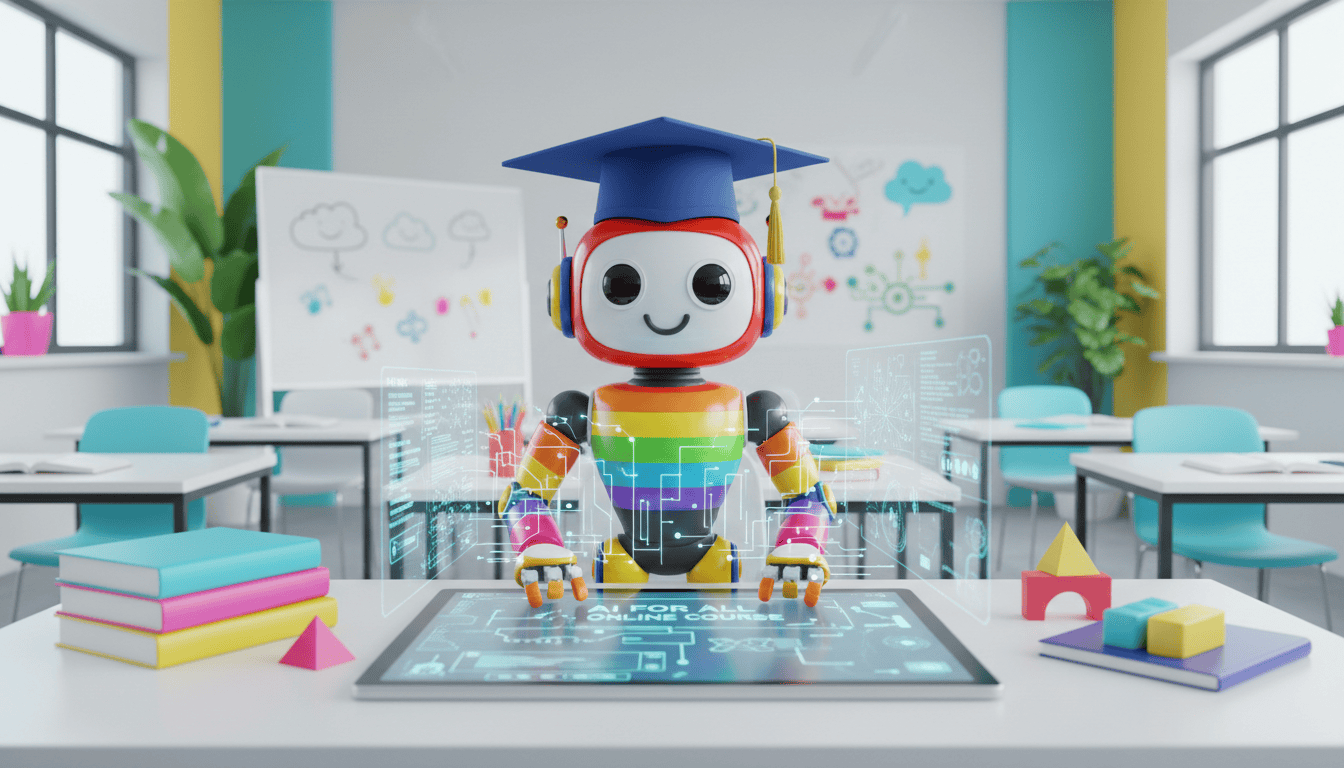 A robot wearing a graduation cap interacts with a touchscreen in a colorful classroom setting.