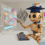 A robot wearing a graduation cap uses a keyboard and points at a digital display screen in a colorful classroom.
