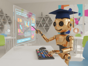 A robot wearing a graduation cap uses a keyboard and points at a digital display screen in a colorful classroom.