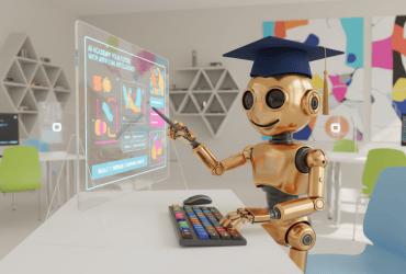 A robot wearing a graduation cap uses a keyboard and points at a digital display screen in a colorful classroom.