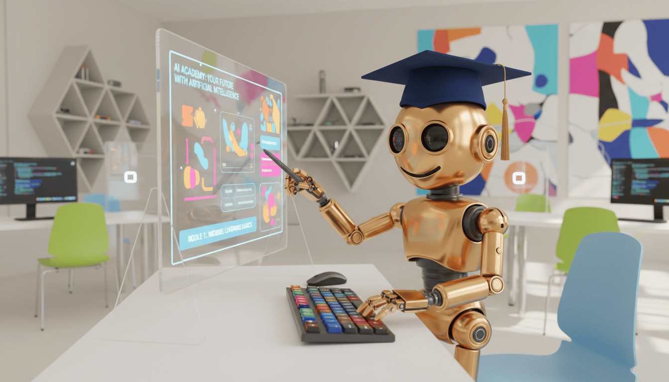 A robot wearing a graduation cap uses a keyboard and points at a digital display screen in a colorful classroom.