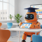 An orange robot wearing a graduation cap sits at a desk with a tablet in a classroom promoting an online AI course.