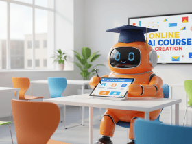 An orange robot wearing a graduation cap sits at a desk with a tablet in a classroom promoting an online AI course.
