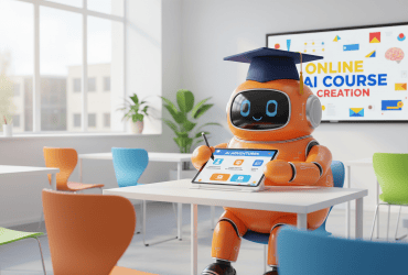 An orange robot wearing a graduation cap sits at a desk with a tablet in a classroom promoting an online AI course.