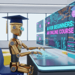 A robot wearing a graduation cap sits at a desk, taking an online course titled "AI FOR BEGINNERS" on a large screen.
