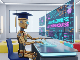 A robot wearing a graduation cap sits at a desk, taking an online course titled "AI FOR BEGINNERS" on a large screen.