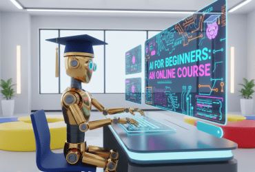 A robot wearing a graduation cap sits at a desk, taking an online course titled "AI FOR BEGINNERS" on a large screen.
