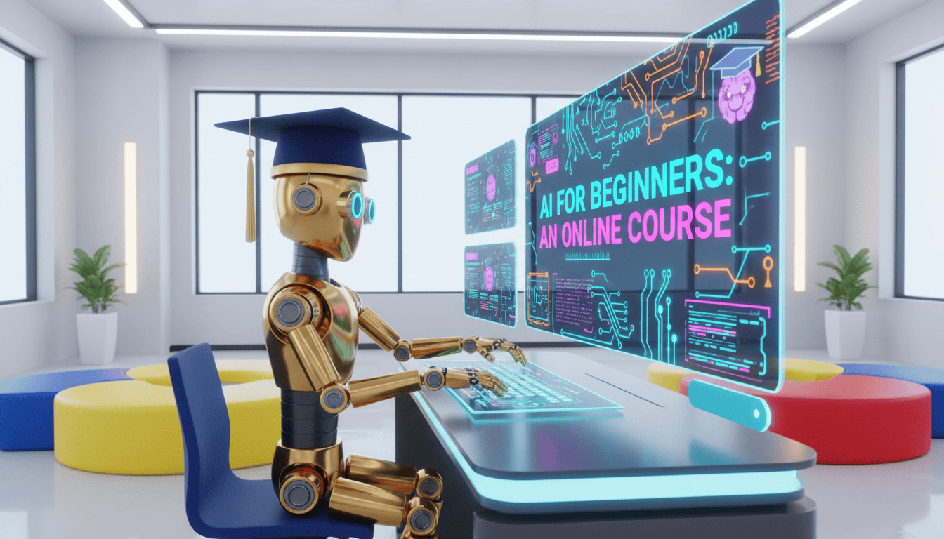 A robot wearing a graduation cap sits at a desk, taking an online course titled "AI FOR BEGINNERS" on a large screen.