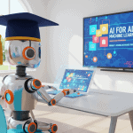 A robot wearing a graduation cap uses a laptop in a classroom with an AI machine learning lesson on the screen.