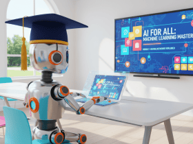 A robot wearing a graduation cap uses a laptop in a classroom with an AI machine learning lesson on the screen.