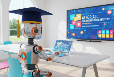 A robot wearing a graduation cap uses a laptop in a classroom with an AI machine learning lesson on the screen.