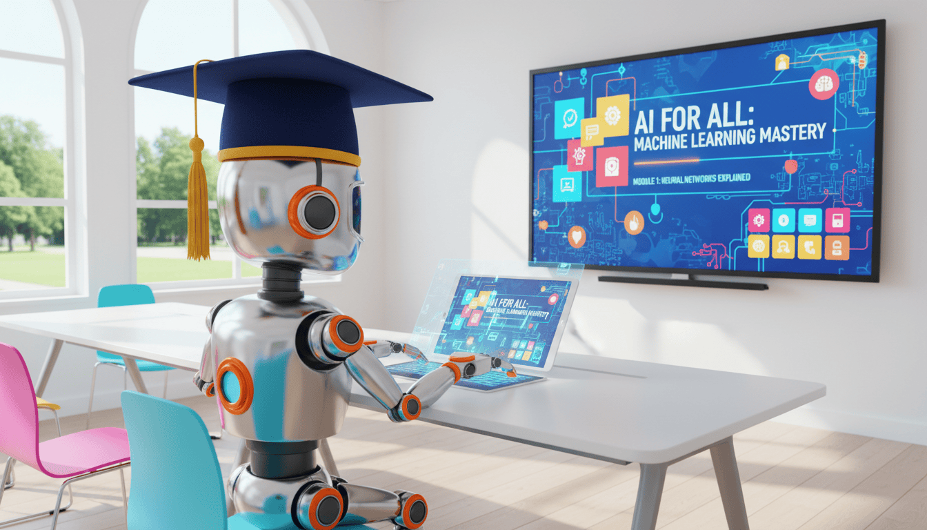A robot wearing a graduation cap uses a laptop in a classroom with an AI machine learning lesson on the screen.