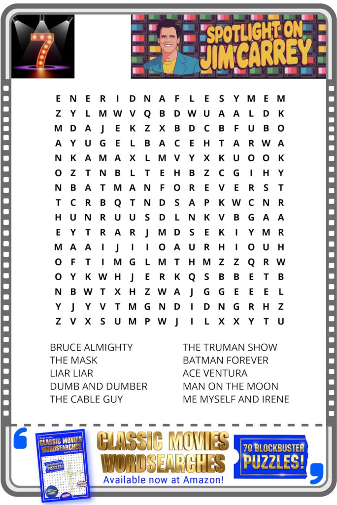 Jim Carrey-themed word search puzzle featuring movie titles, with a cartoon image of Jim Carrey at the top.