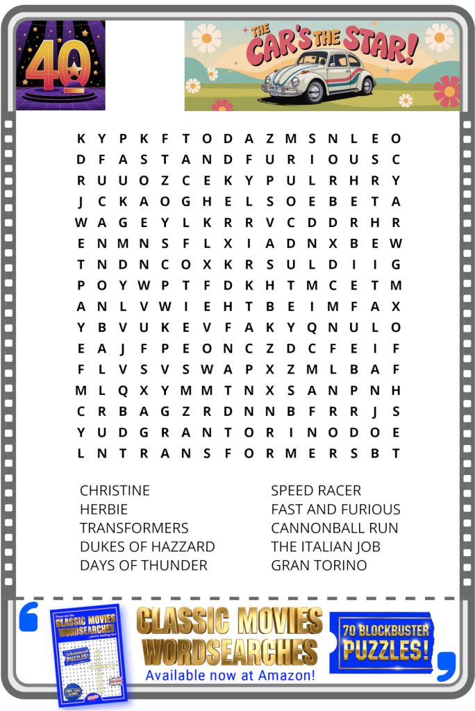 A word search puzzle themed around famous movie cars, with a word list and decorative banners at the top and bottom.