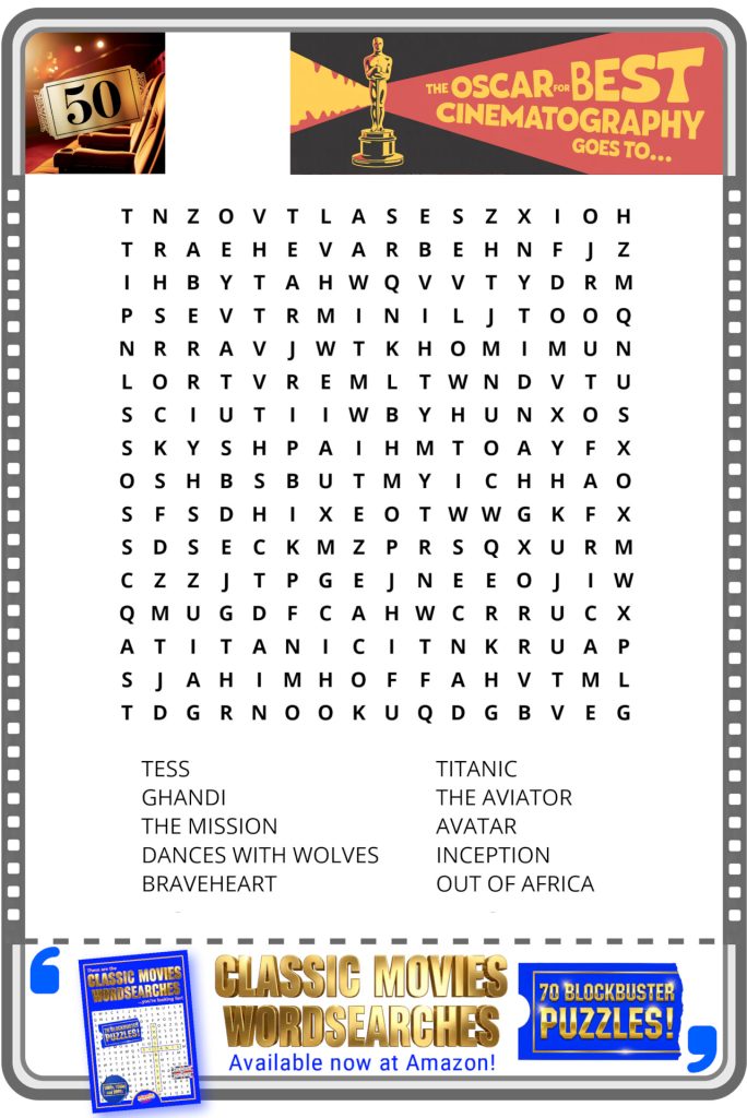 Oscar-themed word search puzzle featuring classic movie titles related to Best Cinematography awards.