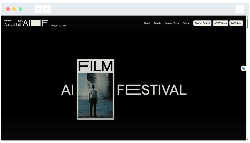 Website homepage for the 4th Annual International AI Film Festival with a central film poster and navigation menu.