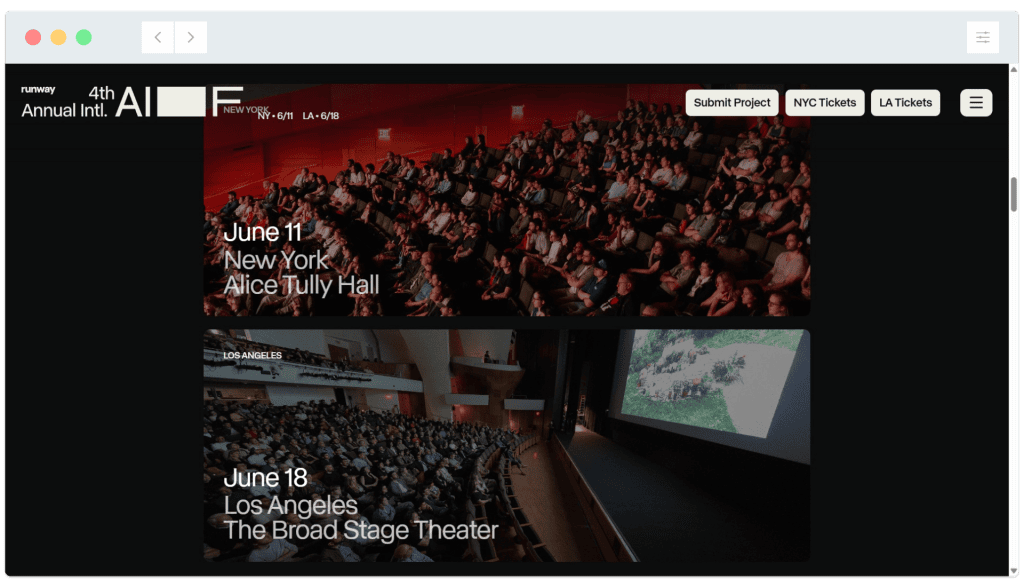 Website showing event dates: June 11 in New York at Alice Tully Hall, and June 18 in Los Angeles at The Broad Stage Theater.