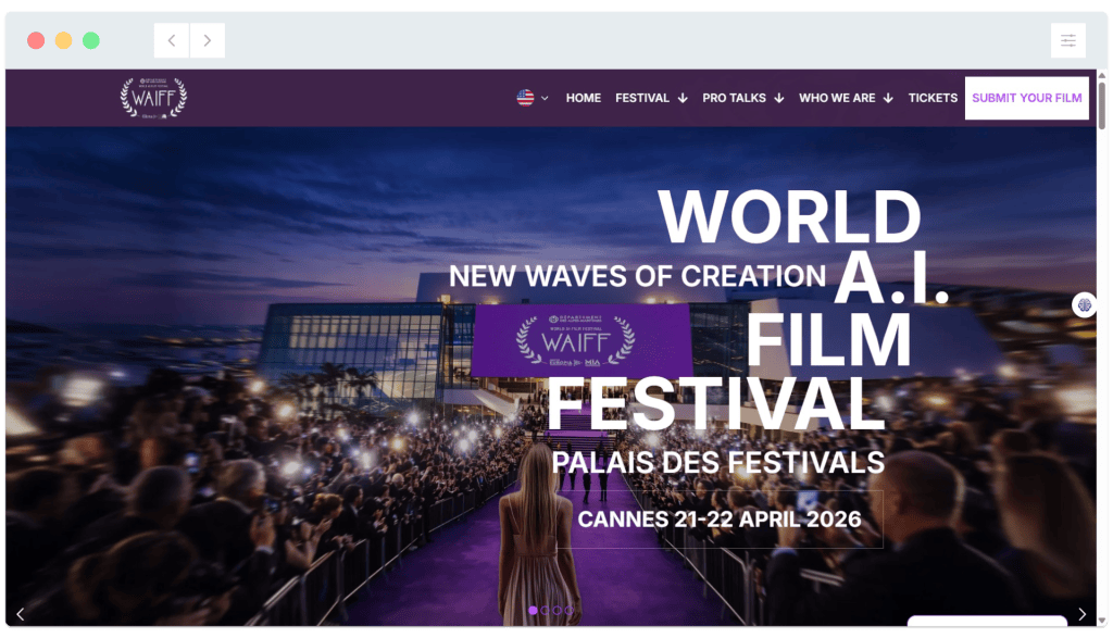 A crowd faces a purple carpet and stage at the World A.I. Film Festival in Cannes, April 21-22, 2026.