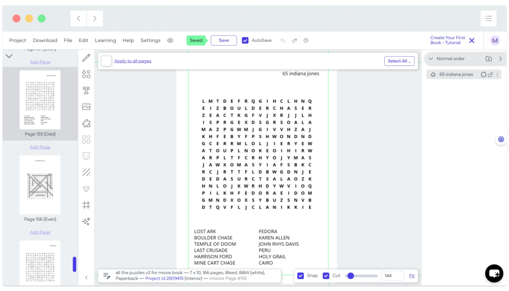 Screenshot of a word search puzzle titled "65 Indiana Jones" displayed in Book Bolt Studio.