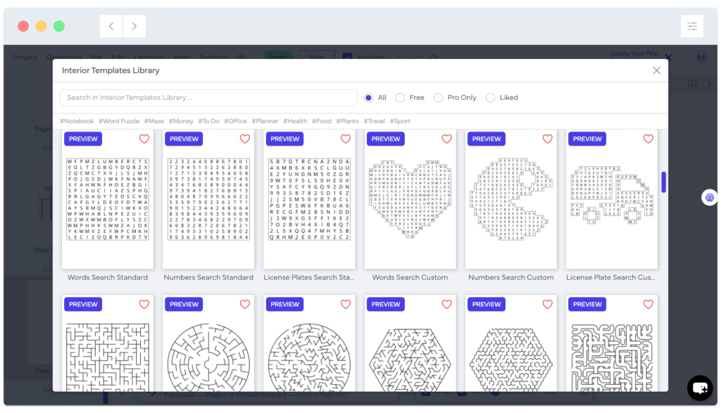 A computer screen displays a grid of puzzle and word search templates in Book Bolt studio.