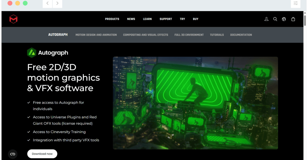 Screenshot of a website promoting free 2D/3D motion graphics and VFX software with a cityscape graphic in green tones.