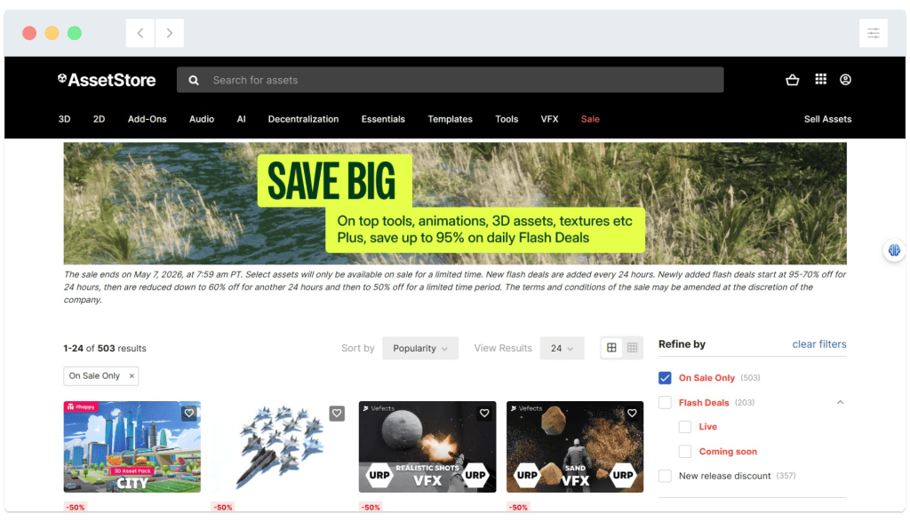 Screenshot of the Unity Asset Store homepage featuring a "Save Big" banner and discounted 3D assets for sale.