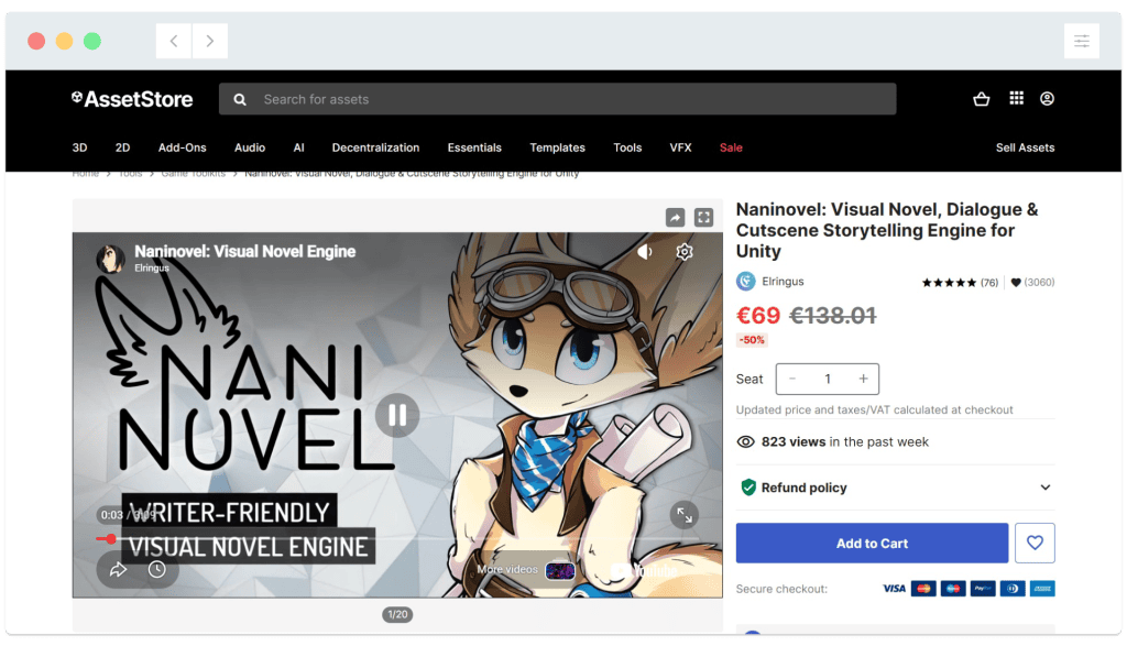 Screenshot of a Unity Asset Store page for Naninovel, a visual novel engine, with an anthropomorphic fox character illustration.
