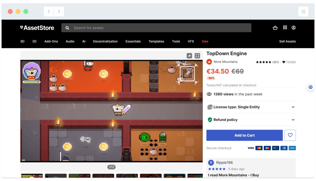Screenshot of a game asset store page displaying "TopDown Engine" with game preview, price, and purchase options.