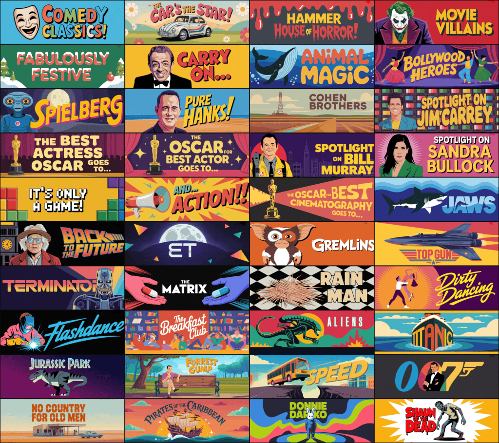 A colorful collage of illustrated movie-themed banners, each referencing a different classic film or genre.